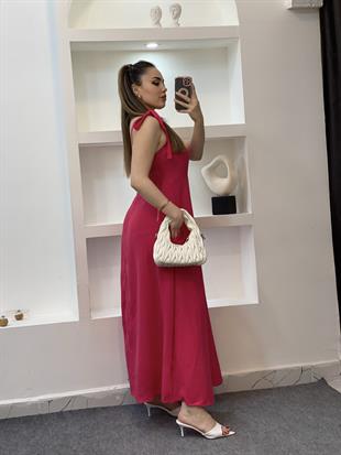 Pembe Omuzları Bağlamalı Keten Elbise