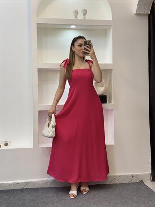 Pembe Omuzları Bağlamalı Keten Elbise
