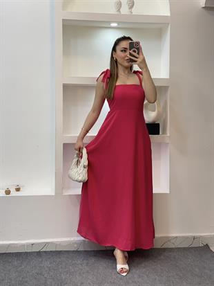 Pembe Omuzları Bağlamalı Keten Elbise