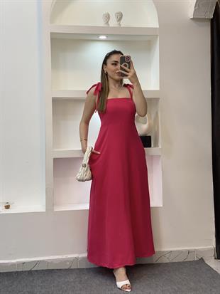Pembe Omuzları Bağlamalı Keten Elbise