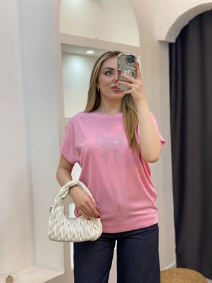 Pembe Parıltılı Taşlı Merserize Triko Bluz