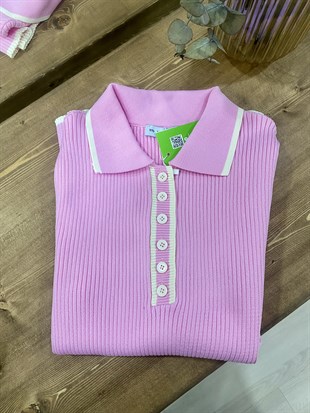 Pembe Polo Yaka Elit Triko Bluz