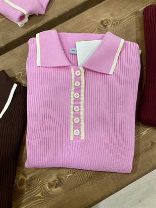 Pembe Polo Yaka Elit Triko Bluz