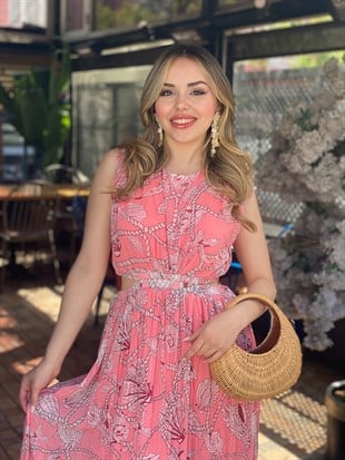 Pembe Premium Kalite Bel Dekolteli Elbise 