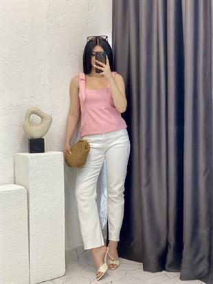 Pembe Premium Kalite Omuz Fiyonk Detaylı Bluz