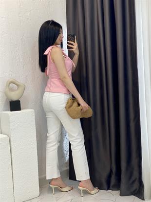 Pembe Premium Kalite Omuz Fiyonk Detaylı Bluz