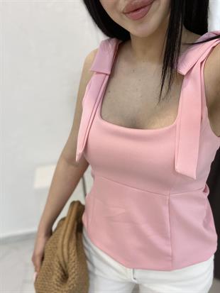 Pembe Premium Kalite Omuz Fiyonk Detaylı Bluz
