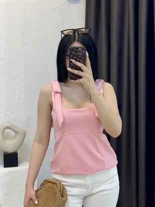 Pembe Premium Kalite Omuz Fiyonk Detaylı Bluz