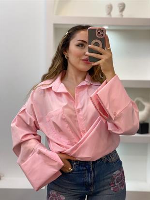 Pembe Renk Cepli Oversize Poplin Kumaş GÖMLEK
