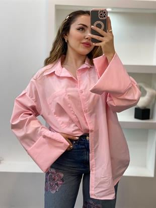 Pembe Renk Cepli Oversize Poplin Kumaş GÖMLEK