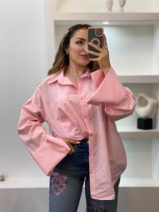 Pembe Renk Cepli Oversize Poplin Kumaş GÖMLEK