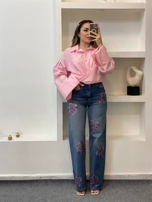 Pembe Renk Cepli Oversize Poplin Kumaş GÖMLEK