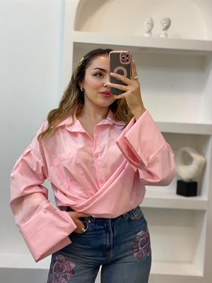 Pembe Renk Cepli Oversize Poplin Kumaş GÖMLEK