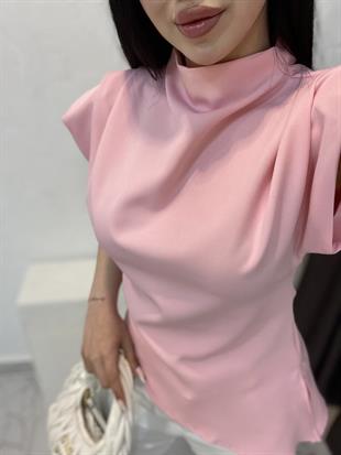 Pembe Renk Premium Kalite Vatkalı Asimetrik Bluz