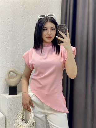 Pembe Renk Premium Kalite Vatkalı Asimetrik Bluz