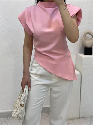 Pembe Renk Premium Kalite Vatkalı Asimetrik Bluz