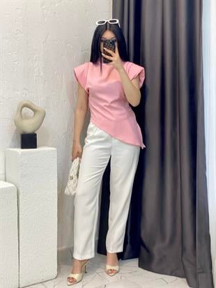 Pembe Renk Premium Kalite Vatkalı Asimetrik Bluz
