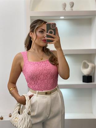 Pembe Sandık Yaka Dantel Bluz