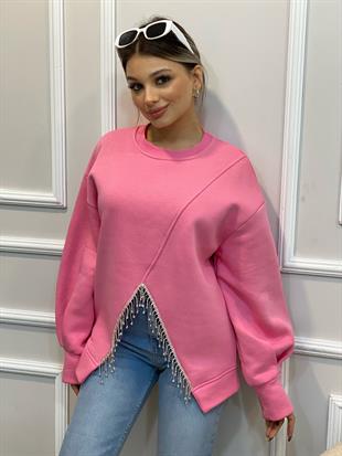 Pembe Sarkıtma Taşlı İçi Şardonlu Sweatshirt 