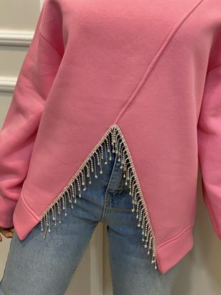 Pembe Sarkıtma Taşlı İçi Şardonlu Sweatshirt 