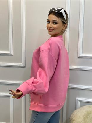 Pembe Sarkıtma Taşlı İçi Şardonlu Sweatshirt 