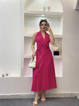 Pembe Sırt Dekolteli Boncuk İpli Elbise 