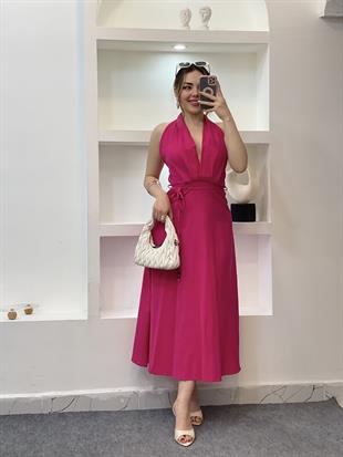 Pembe Sırt Dekolteli Boncuk İpli Elbise 