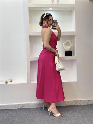 Pembe Sırt Dekolteli Boncuk İpli Elbise 