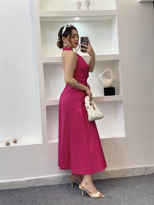 Pembe Sırt Dekolteli Boncuk İpli Elbise 