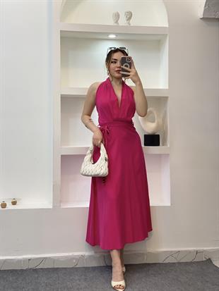 Pembe Sırt Dekolteli Boncuk İpli Elbise 