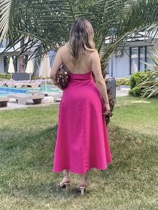 Pembe Sırt Dekolteli Keten Elbise