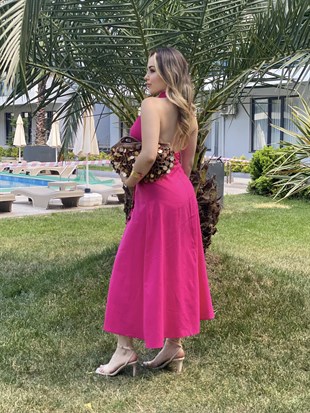Pembe Sırt Dekolteli Keten Elbise