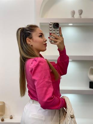 Pembe Tül Detay İnci Çakımlı Triko Bluz