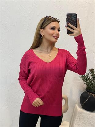 Pembe V Yaka Delikli Model Triko
