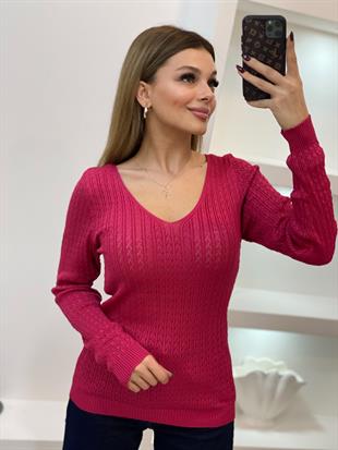 Pembe V Yaka Desenli Model Triko