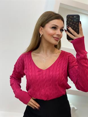Pembe V Yaka Saç Örgü Model Triko