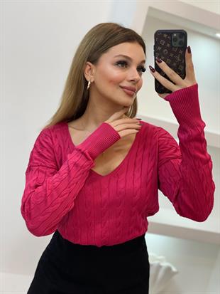 Pembe V Yaka Saç Örgü Model Triko