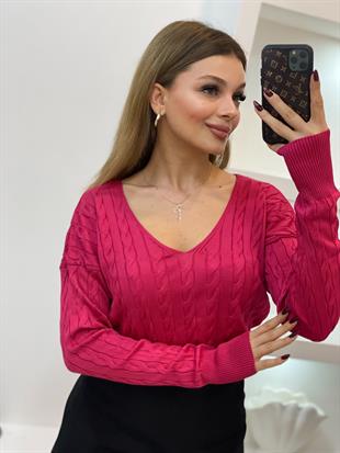 Pembe V Yaka Saç Örgü Model Triko