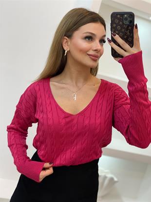 Pembe V Yaka Saç Örgü Model Triko
