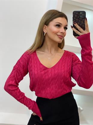 Pembe V Yaka Saç Örgü Model Triko