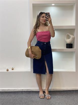 Pembe Zımbalı Straplez Triko Bluz