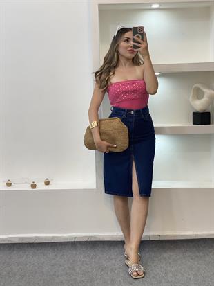 Pembe Zımbalı Straplez Triko Bluz