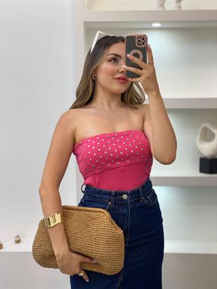 Pembe Zımbalı Straplez Triko Bluz