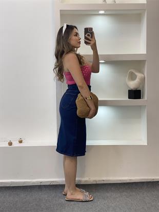 Pembe Zımbalı Straplez Triko Bluz