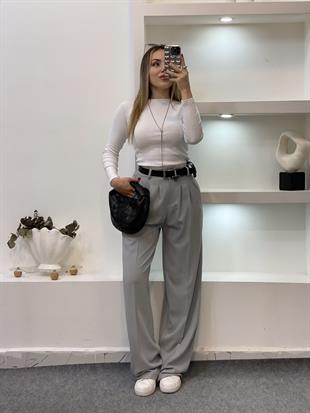 Perry Marka Gri Renk Arka Beli Lastikli Gold Düğmeli Palazzo Pantolon