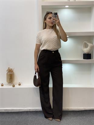 Perry Marka Kahve Renk Arka Beli Lastikli Gold Düğmeli Palazzo Pantolon