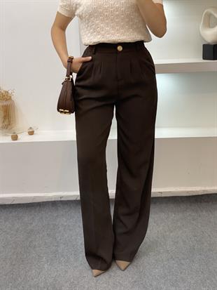 Perry Marka Kahve Renk Arka Beli Lastikli Gold Düğmeli Palazzo Pantolon