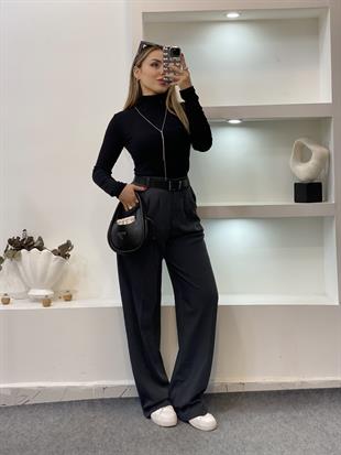 Perry Marka Koyu Gri Renk Arka Beli Lastikli Gold Düğmeli Palazzo Pantolon