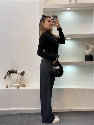 Perry Marka Koyu Gri Renk Arka Beli Lastikli Gold Düğmeli Palazzo Pantolon