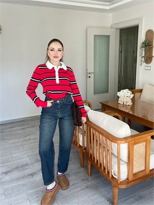 Premium Kırmızı Çizgili Polo Yaka Elit Triko
